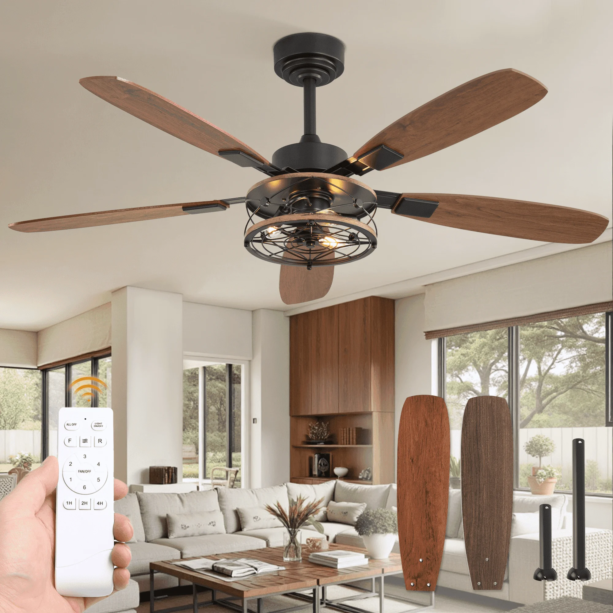 Farmhouse Ceiling Fan with Light Remote Black 5 Blade DC Motor