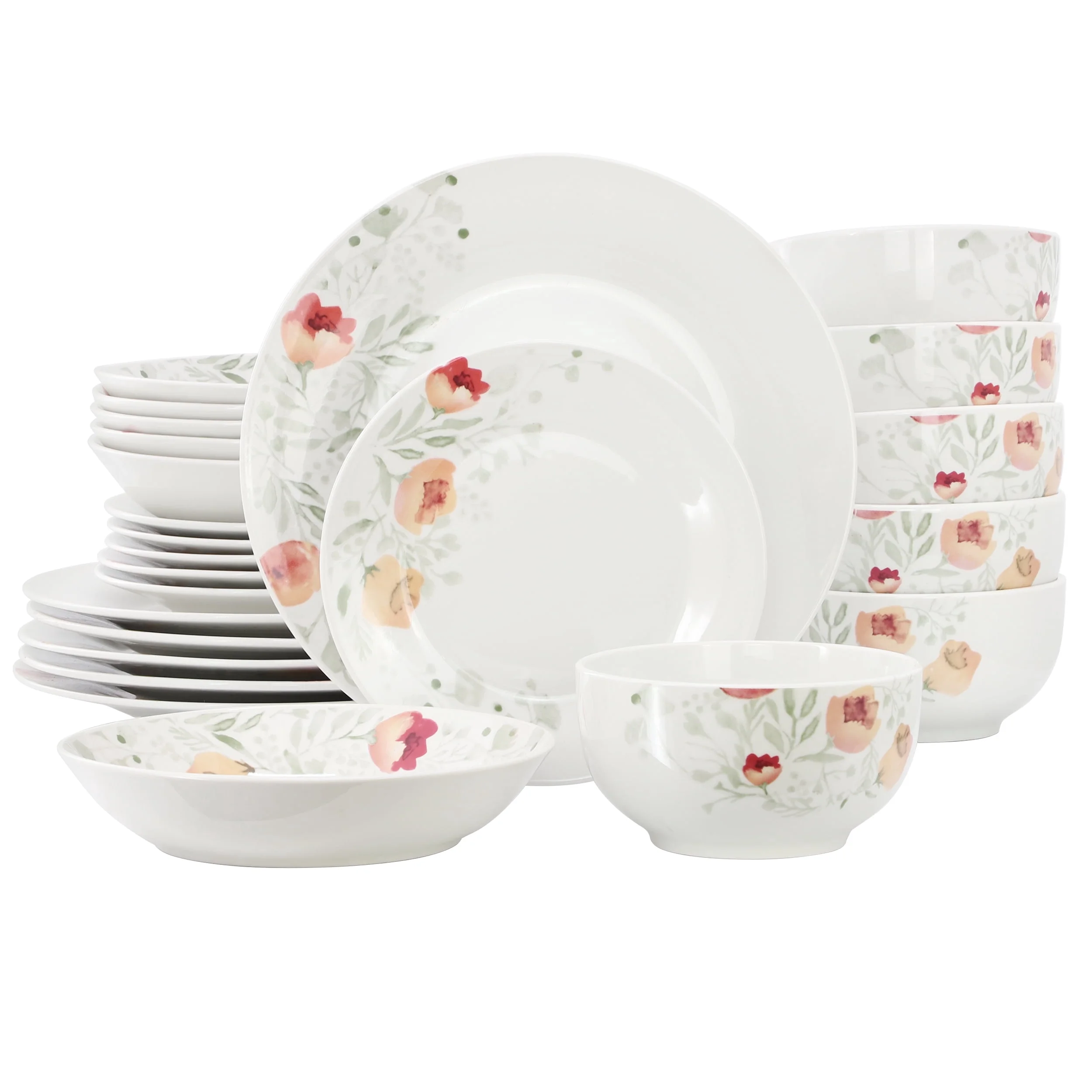 24 Piece Porcelain Dinnerware Set Service for 6 White Floral Round