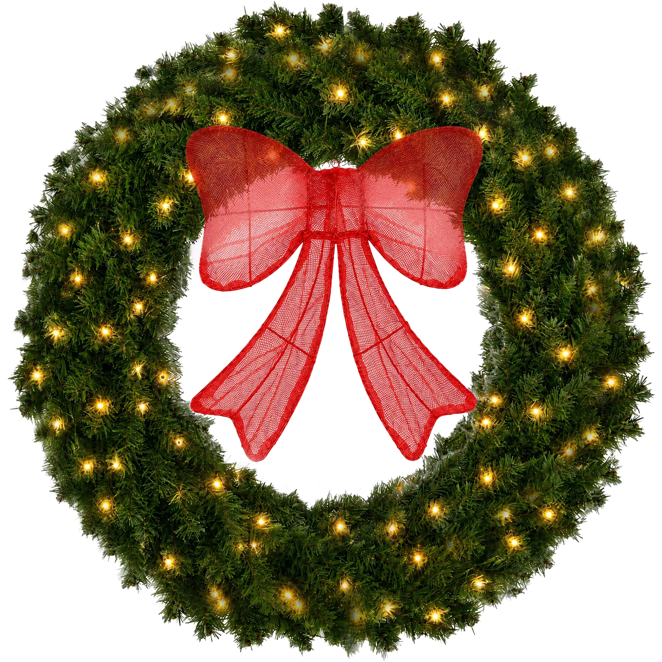 Pre-Lit Christmas Wreath with Lighted Bow, 130 LED, PVC 30 in Diameter