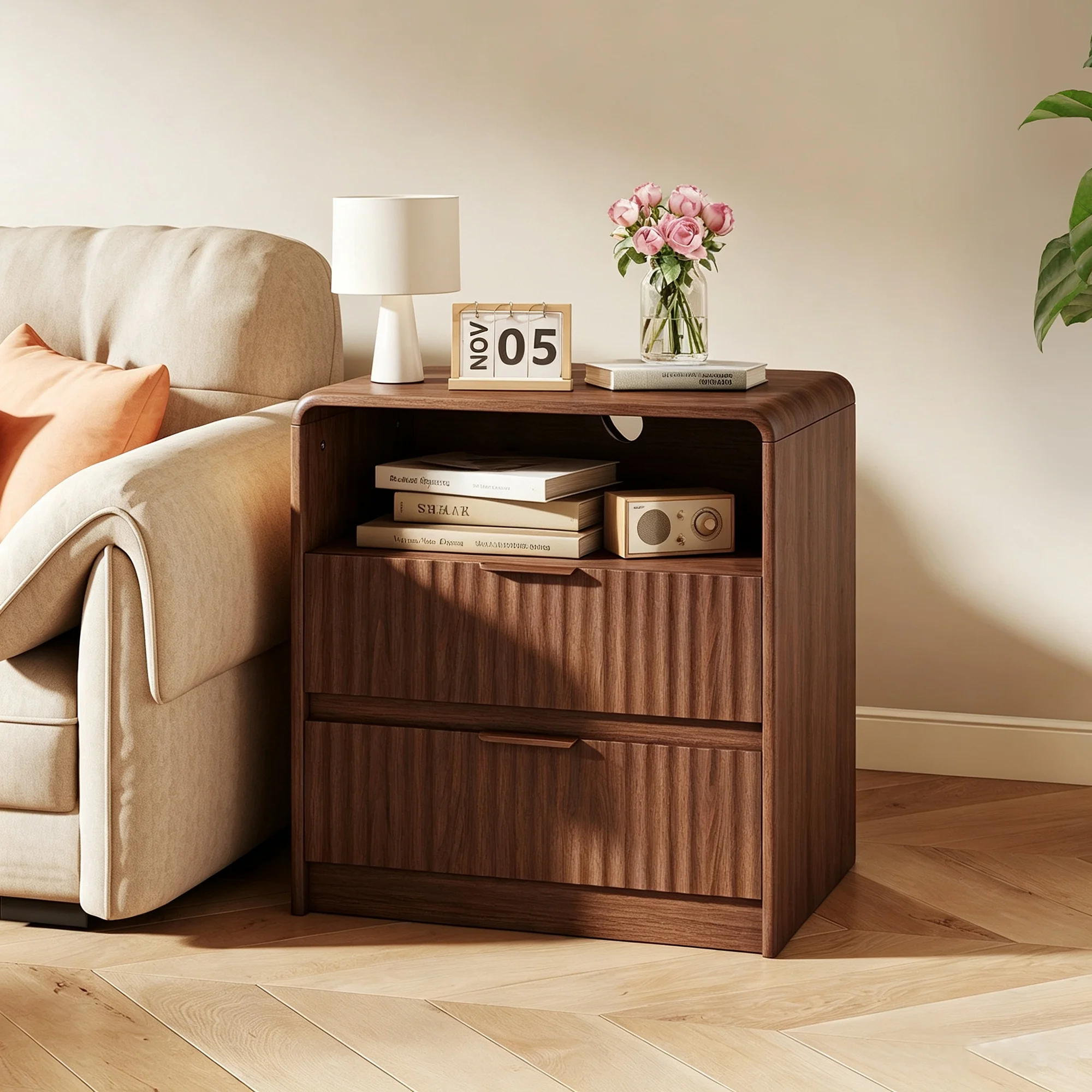 Modern Fluted Nightstand with Charging Station, 2 Drawer Wood Bedside Table