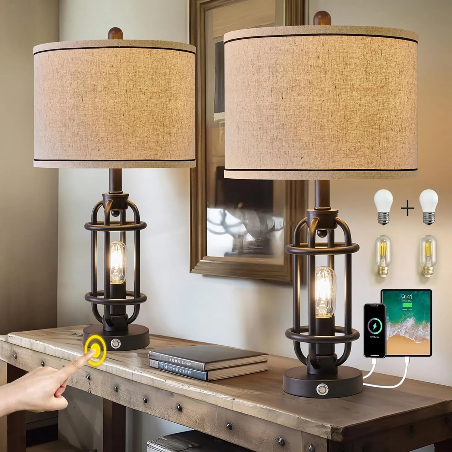 Industrial Black Metal Table Lamp Set of 2 with USB Ports