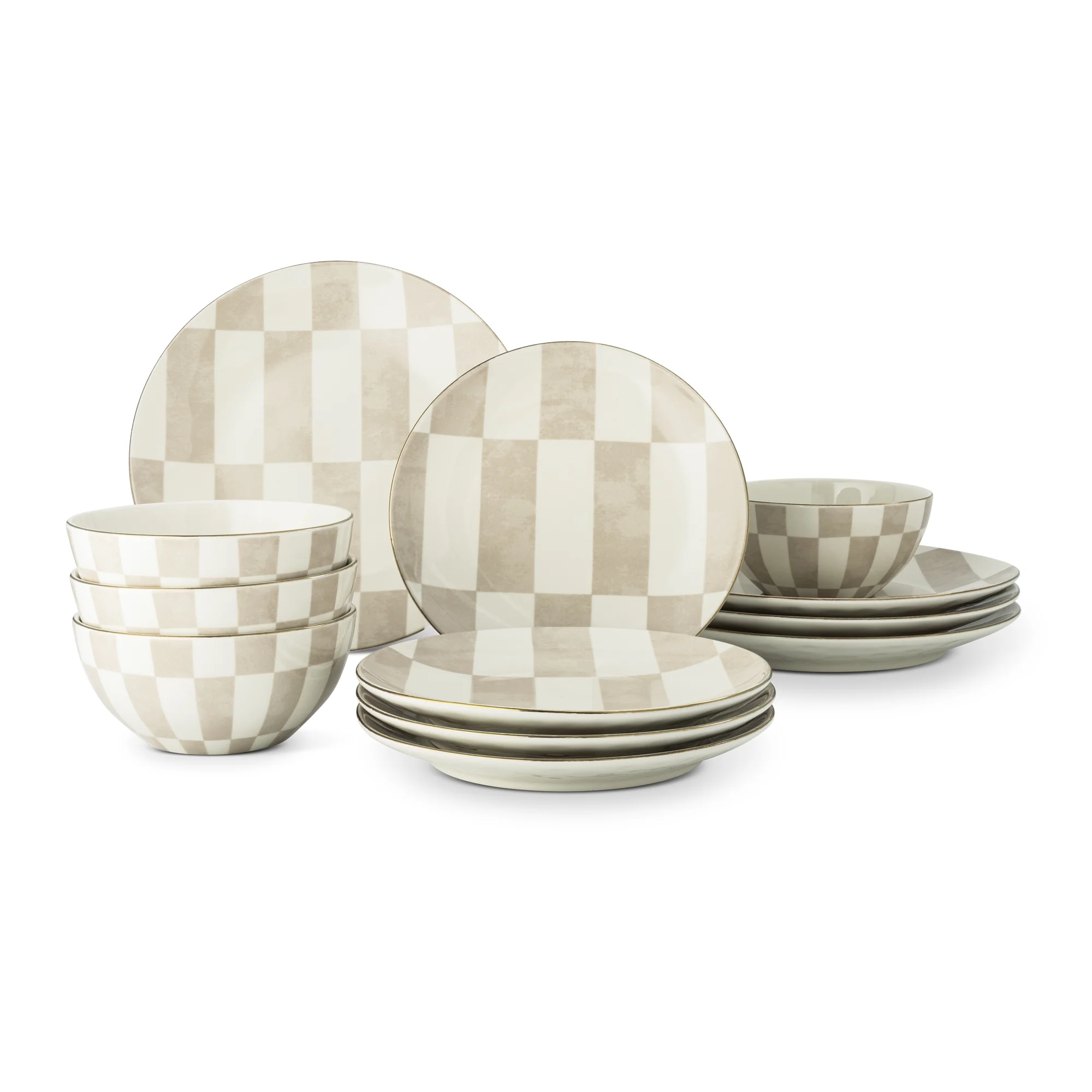 Beige Checkered Ceramic Dinnerware Set 12 Piece Service for 4 Gold Rim