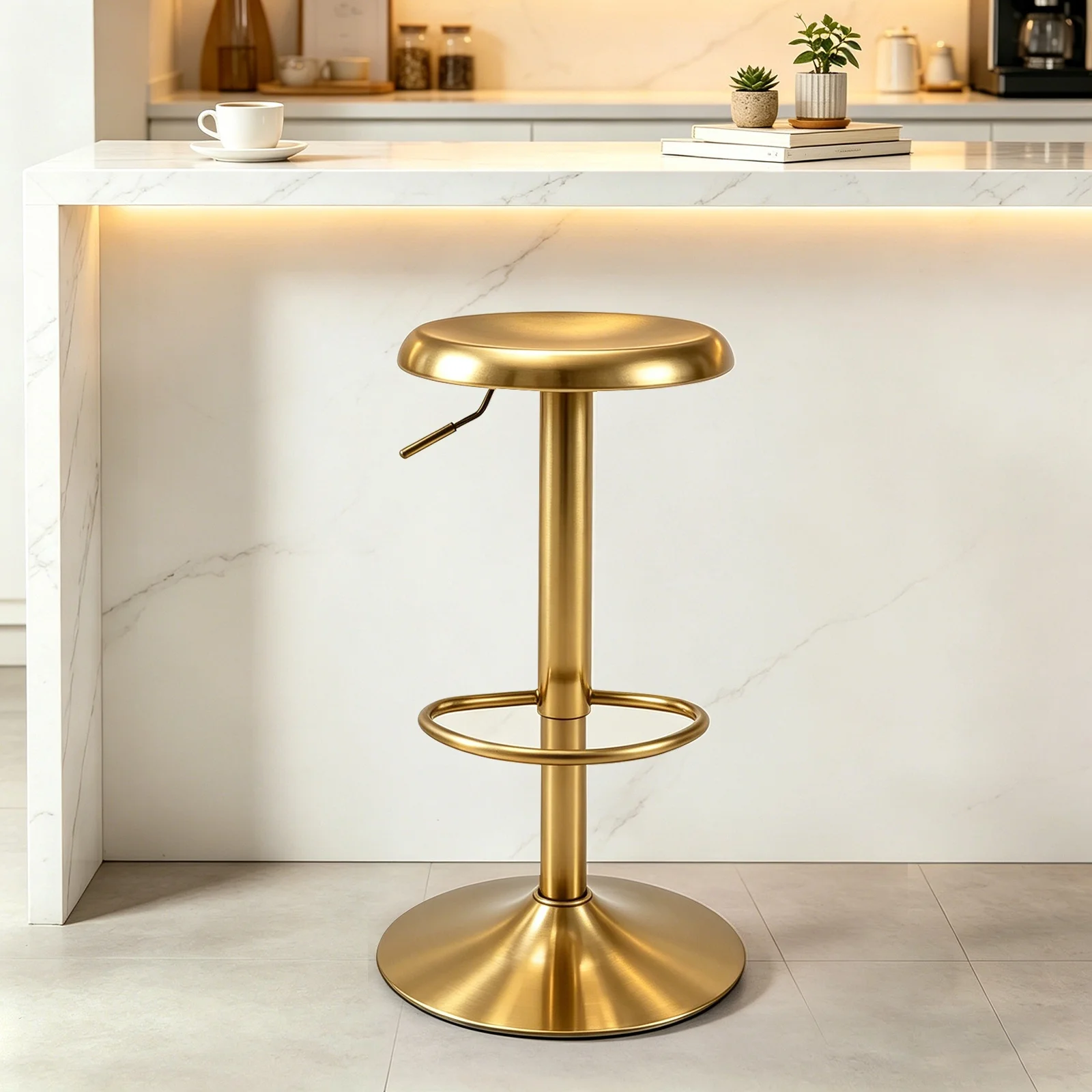 39 in Seat Height Gold Adjustable Swivel Backless Metal Counter Height Bar Stool