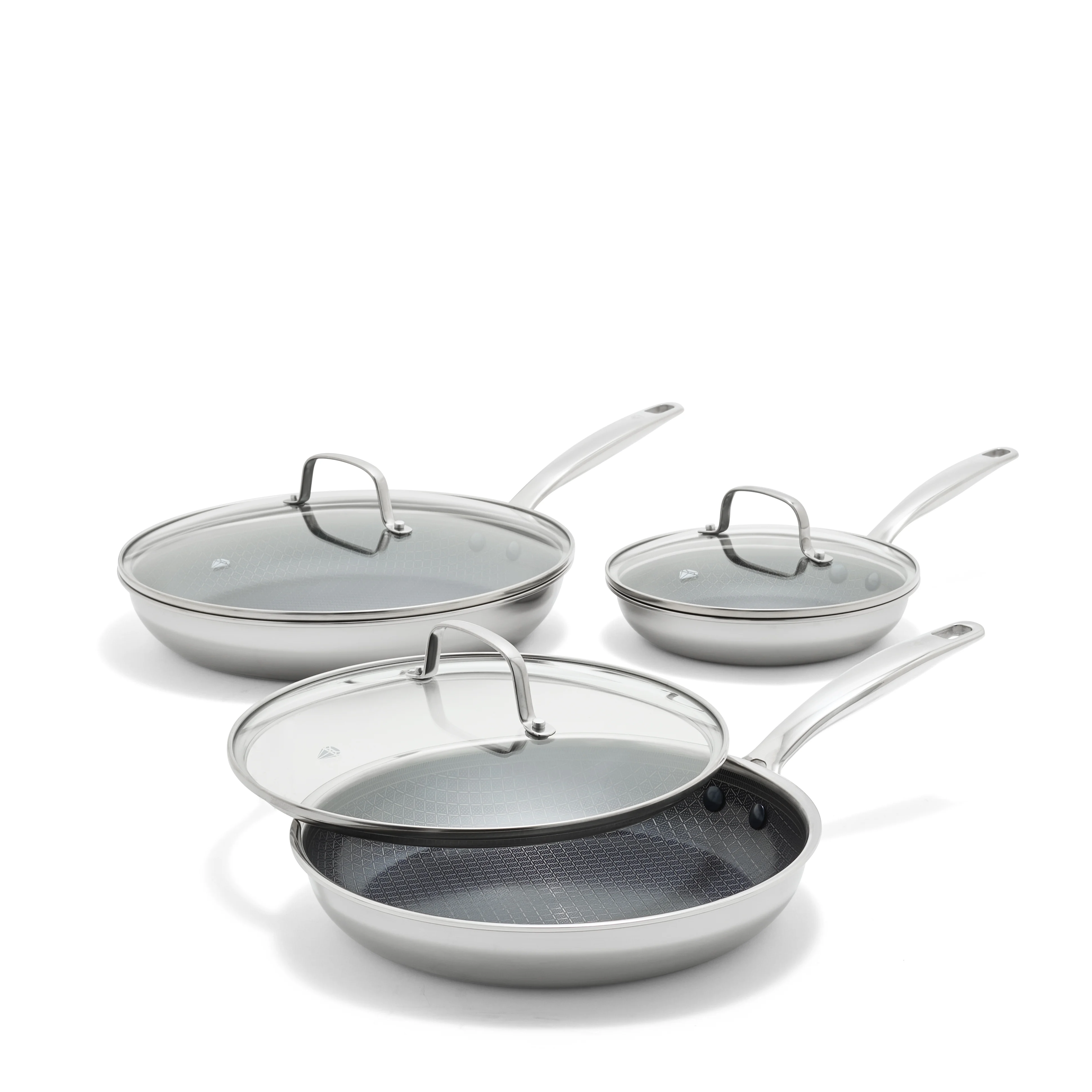 6 Piece Hybrid Nonstick Fry Pan Set with Glass Lids Stainless Steel