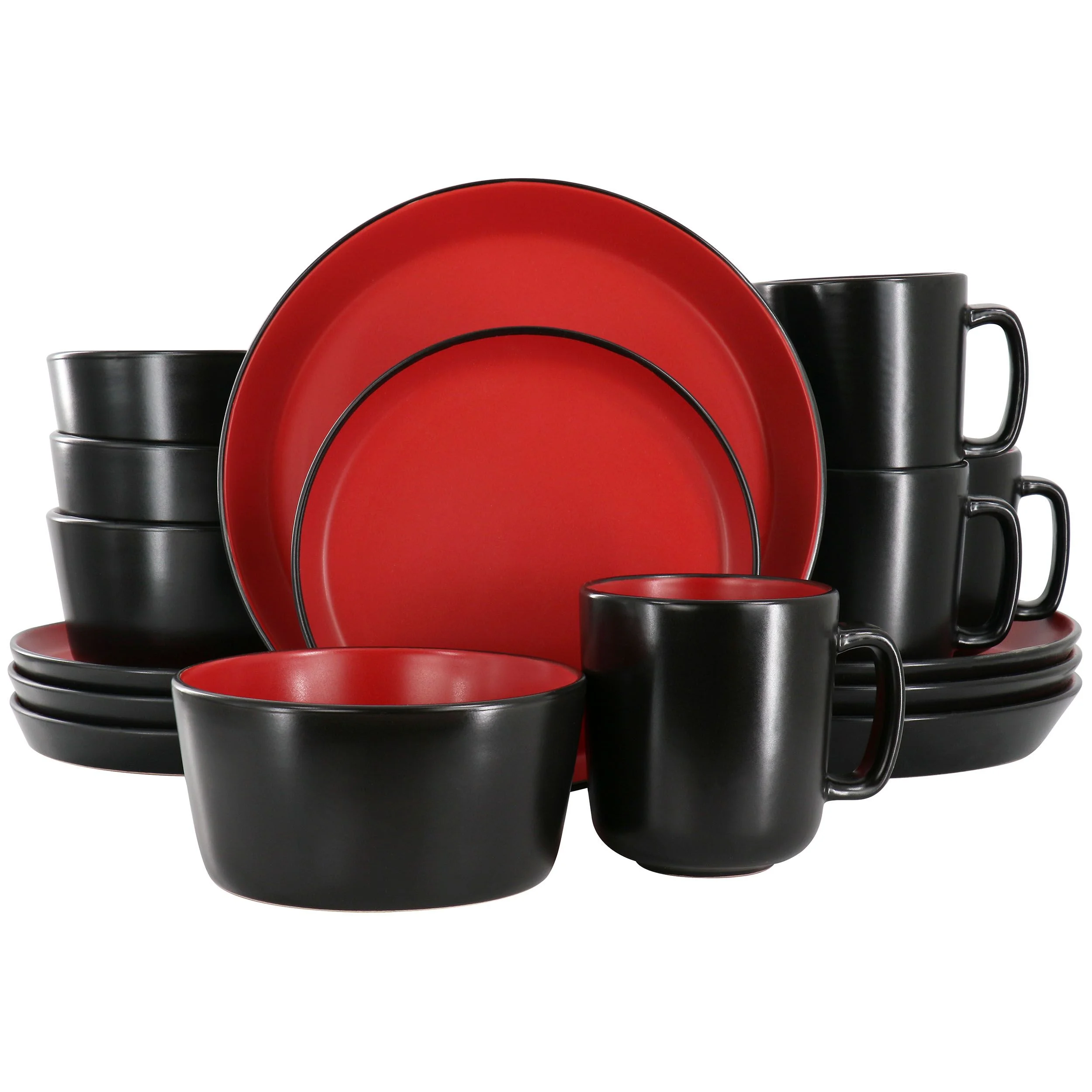 16 Piece Stoneware Dinnerware Set Red Black Service for 4