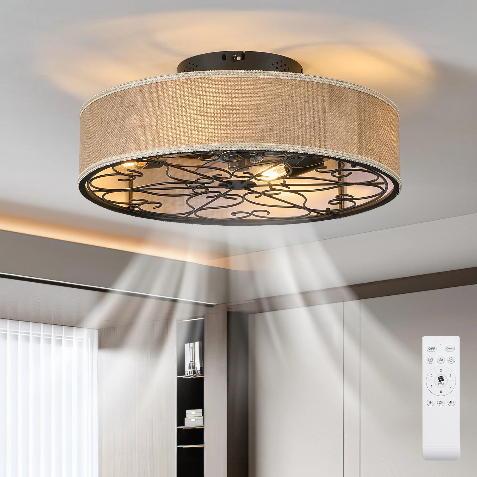 20 Inch Caged Ceiling Fan with Light Flush Mount Remote, 6-Speed Reversible