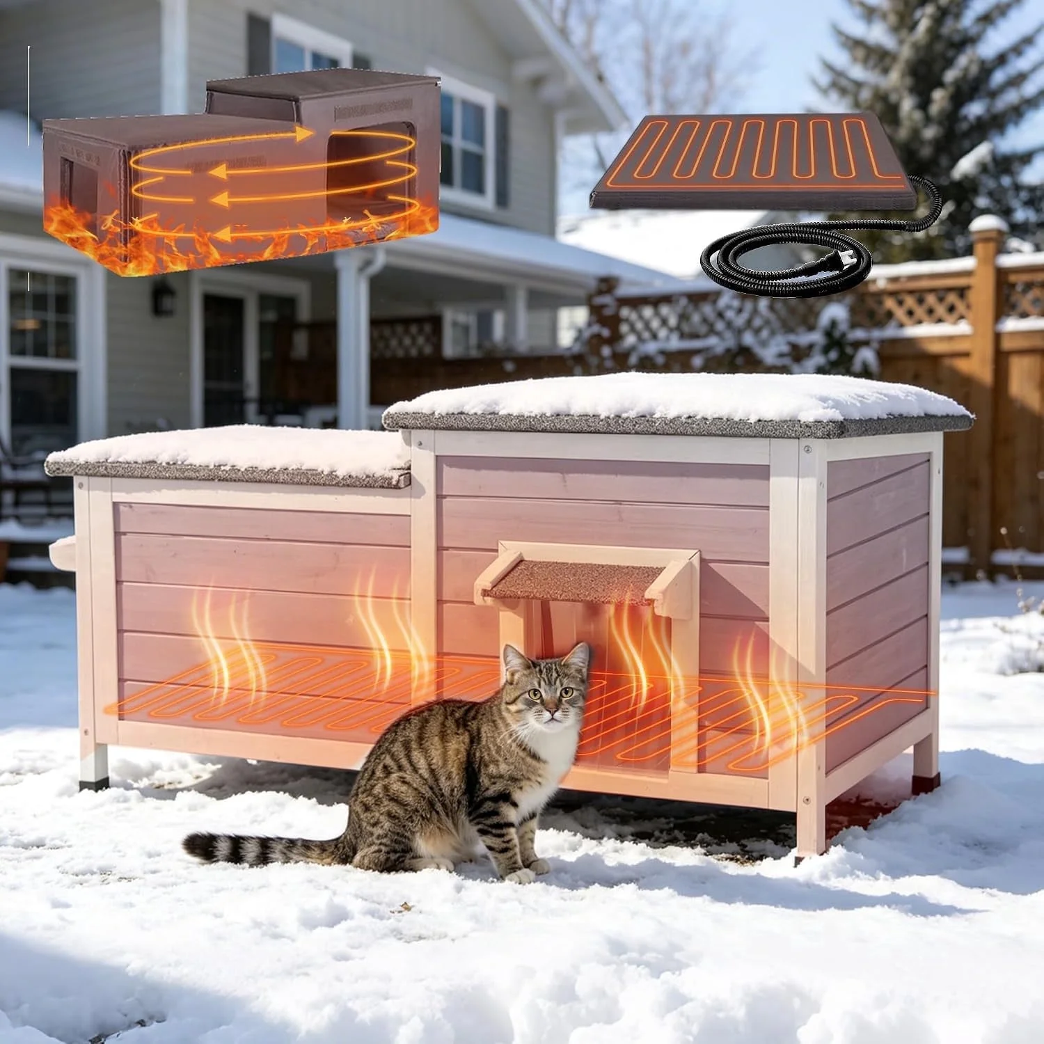 Heated Outdoor Cat House Insulated Weatherproof Shelter with Heated Pad