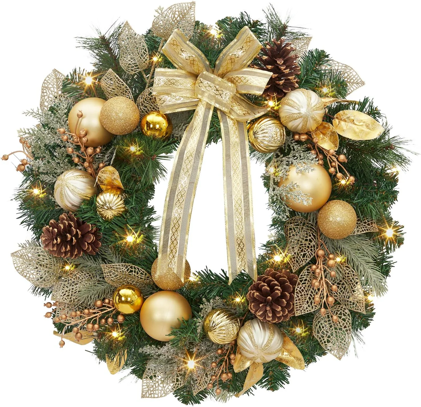 Pre-Lit Gold Christmas Wreath with LED Lights, PVC 24 in Diameter
