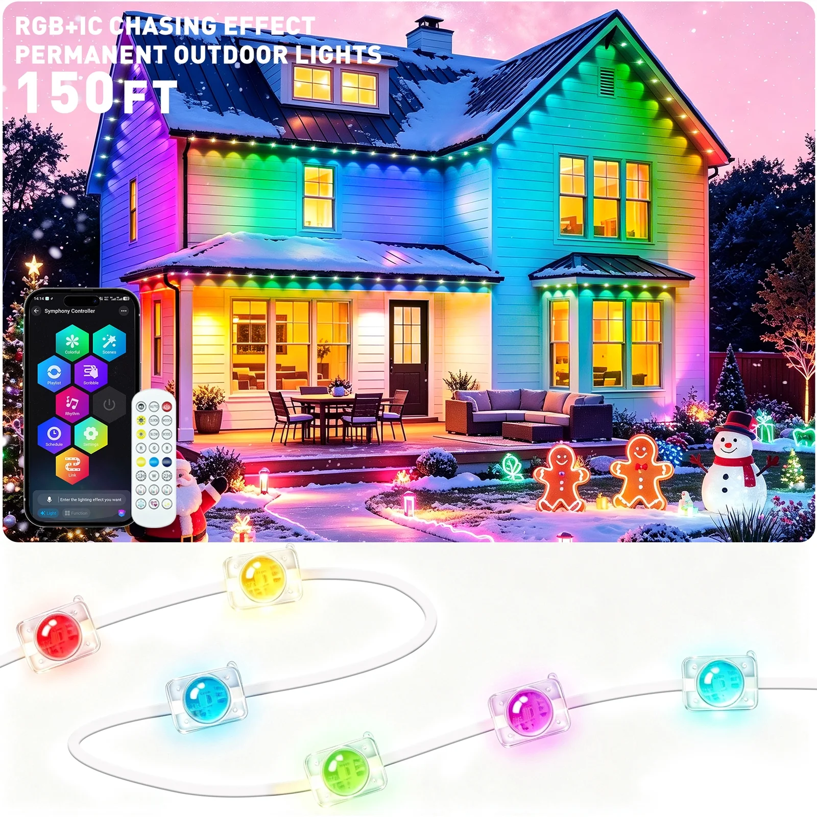 150 ft Waterproof RGB Color Changing Outdoor Eave Strip Lights with Remote